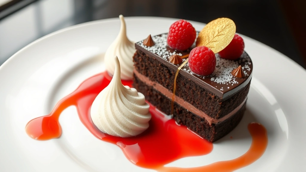 Elegant dessert plate featuring rich chocolate torte with raspberry coulis, premium vanilla gelato quenelle, gold leaf accents, and artistic sauce presentation on modern white dishware
