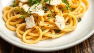 Close-up of handmade fresh pasta with sage brown butter sauce and shaved Parmigiano-Reggiano cheese, garnished with microgreens, professional culinary plating on white ceramic plate