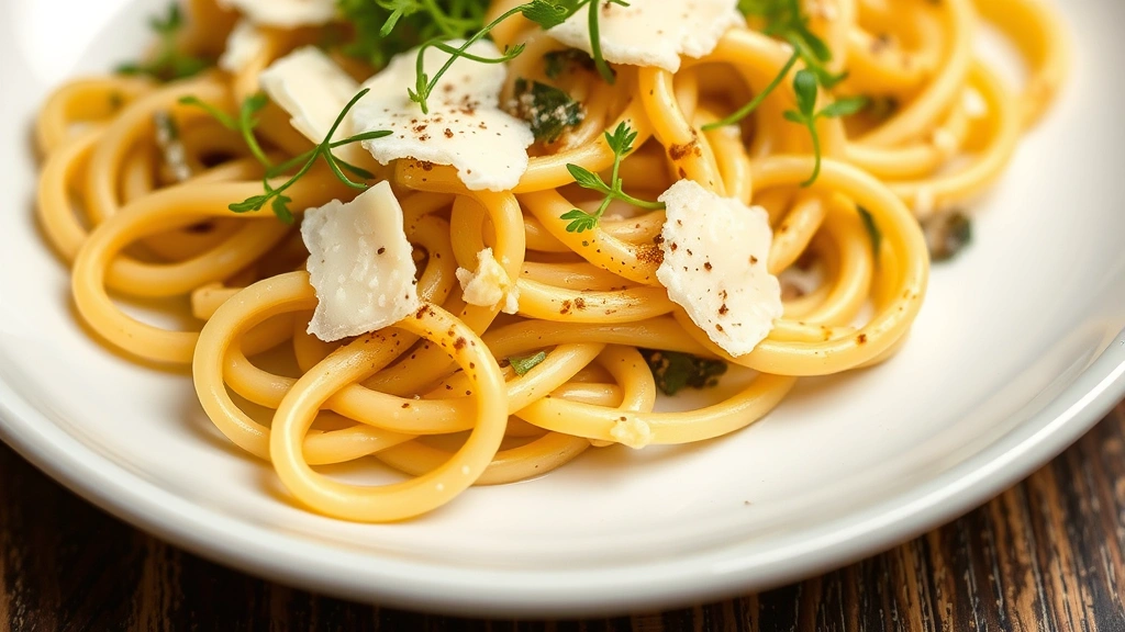Close-up of handmade fresh pasta with sage brown butter sauce and shaved Parmigiano-Reggiano cheese, garnished with microgreens, professional culinary plating on white ceramic plate