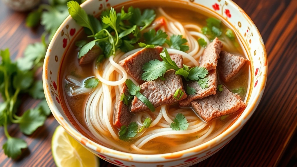 Vibrant Vietnamese pho bowl with aromatic broth steam rising, fresh herb garnish of basil and cilantro, rice noodles, tender beef slices, and lime wedge beside the bowl