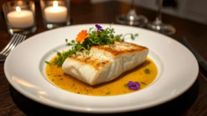 Elegant plated dish of pan-seared white fish fillet with brown butter sauce, microgreens, and edible flowers on white ceramic plate, candlelit fine dining restaurant setting