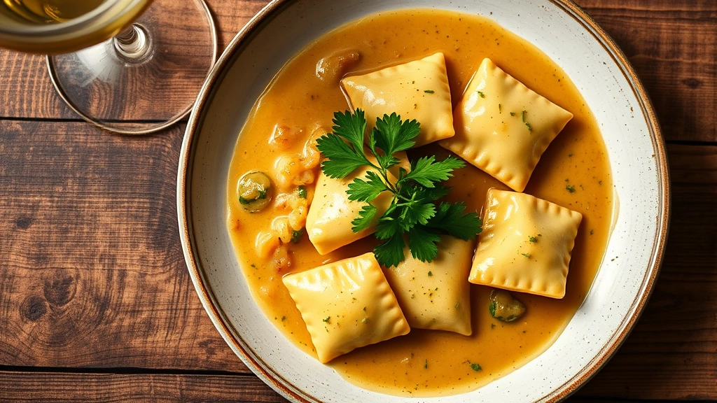 Overhead shot of traditional German Maultaschen (Swabian ravioli) in creamy onion sauce with fresh parsley garnish, rustic wooden table, wine glass beside plate