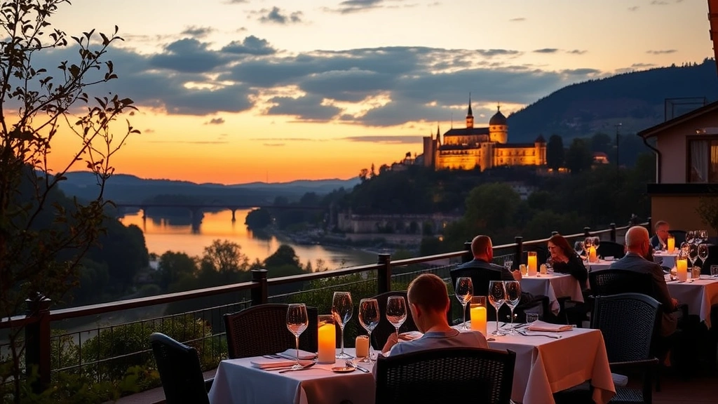 Scenic outdoor riverside terrace dining at sunset overlooking Neckar River with Heidelberg Castle silhouette, candlelit tables with white linens, wine glasses catching golden light