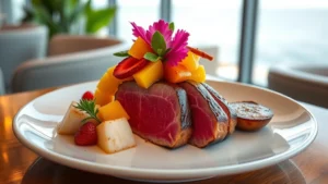 Perfectly seared yellowfin tuna steak with vibrant tropical fruit garnish, seared scallops, fresh herbs, white plate, professional plating, ocean backdrop, restaurant lighting