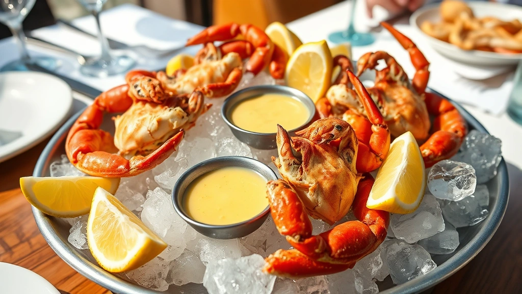 Stone crab claws on ice with mustard sauce, fresh lemon wedges, elegant presentation, seafood platter, natural daylight, restaurant table setting