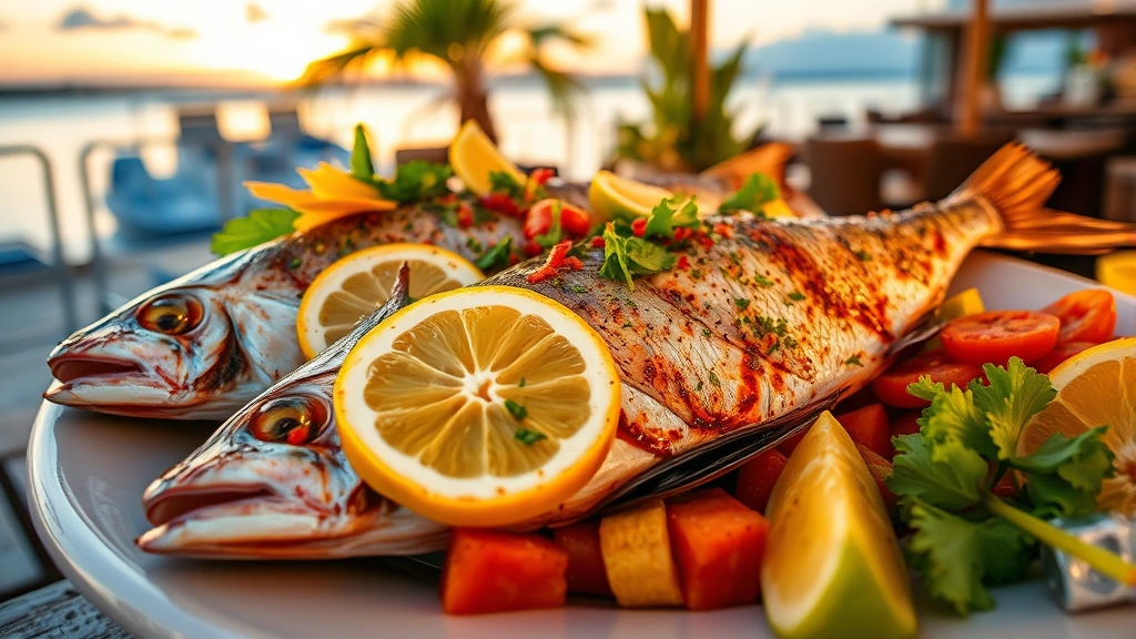 Fresh whole grilled fish with citrus, aromatic herbs, colorful tropical vegetables, waterfront dining atmosphere, sunset lighting, professional food photography