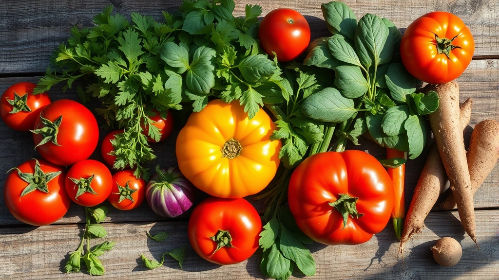 Overhead shot of artisanal farm-fresh vegetables arranged on weathered wooden surface: heirloom tomatoes, fresh herbs, leafy greens, root vegetables, morning dew visible, natural sunlight creating shadows, no text or labels visible