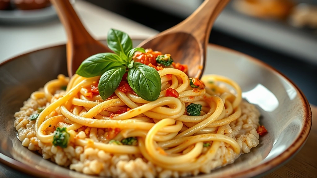 Close-up of handmade pasta being plated with seasonal sauce, fresh basil garnish, wooden spoon visible, creamy risotto texture, warm kitchen lighting, shallow depth of field focusing on pasta detail, photorealistic culinary presentation