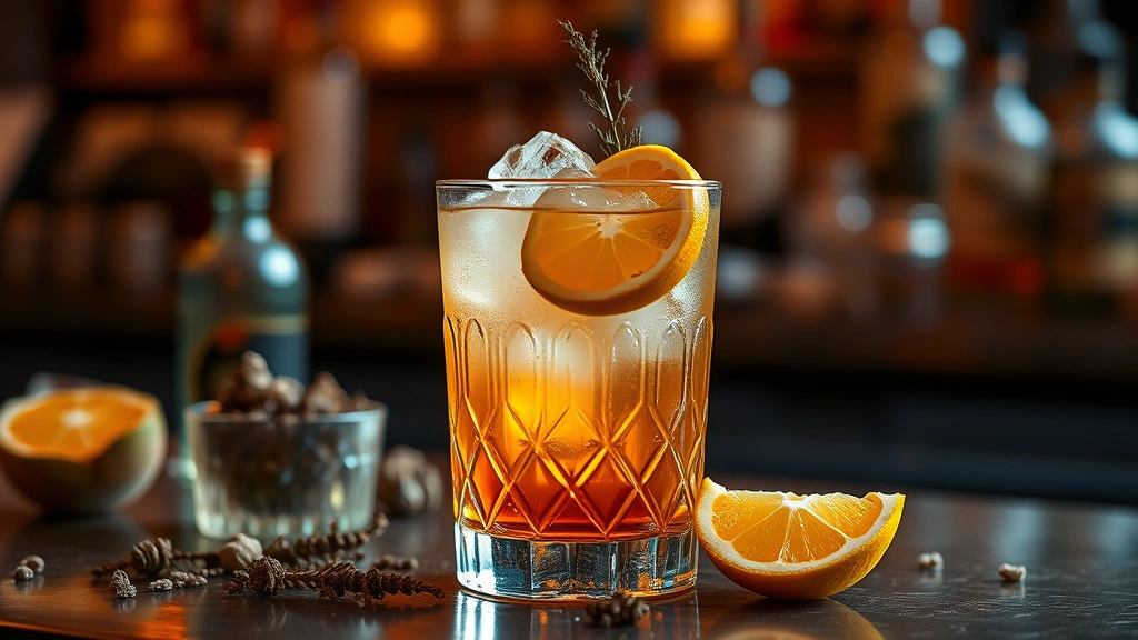 Craft cocktail in vintage glassware with house-made ice, fresh citrus garnish, botanical ingredients scattered nearby, warm amber lighting, bar counter setting, sophisticated yet approachable presentation, no visible labels or text