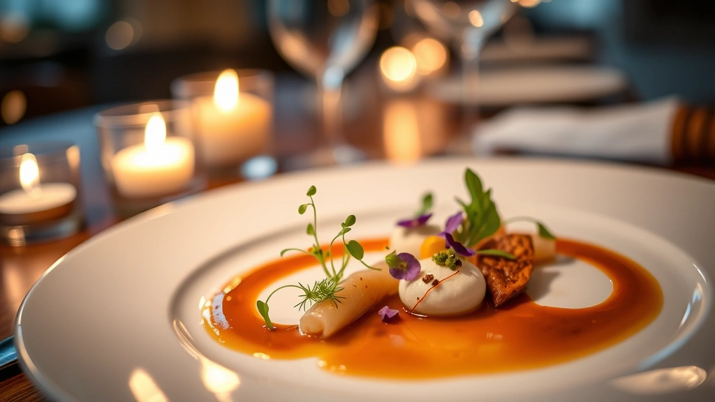 Elegant fine dining plated course with microgreens, edible flowers, and artistic sauce presentation on white porcelain, warm candlelit ambiance, shallow depth of field