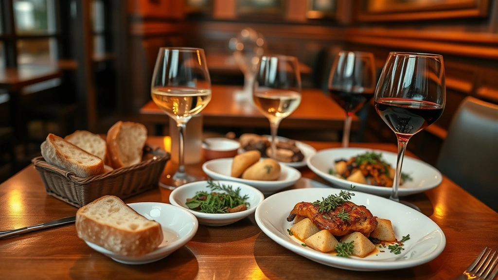 Casual bistro table setting with shared small plates, crusty bread, wine glasses, and fresh herbs, warm interior lighting reflecting off polished wood surfaces