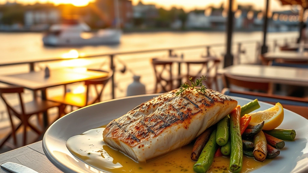 Waterfront restaurant terrace at golden hour with grilled fish fillet, seasonal vegetables, and lemon butter sauce, river visible in soft-focus background, natural outdoor lighting