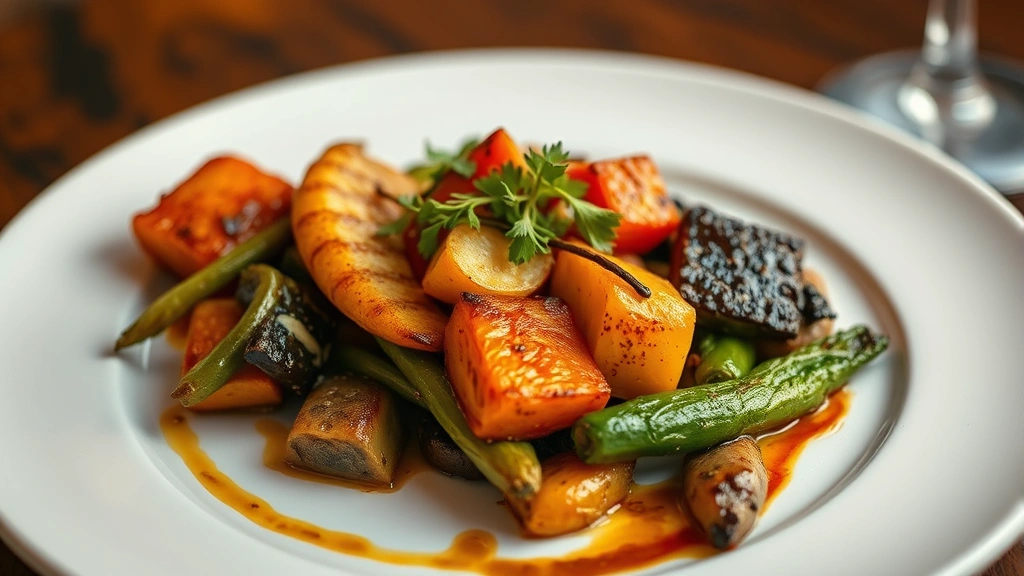 Overhead shot of artfully plated contemporary American dish with roasted vegetables, herb garnish, and sauce drizzle on white ceramic plate, professional restaurant lighting, shallow depth of field
