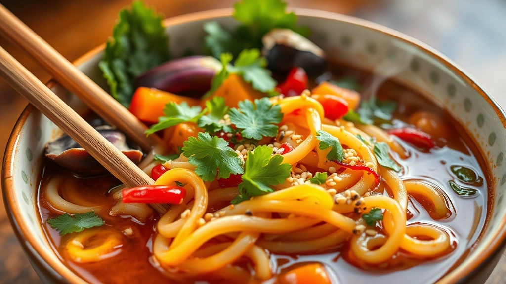 Close-up of vibrant Asian noodle bowl with colorful vegetables, fresh herbs, sesame seeds, and rich broth, steam rising, wooden chopsticks resting on bowl rim, natural warm lighting