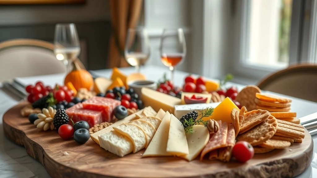 Beautifully arranged charcuterie and cheese board with fresh fruits, nuts, crackers, and gourmet ingredients, soft natural light from window, elegant table setting in background