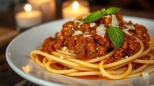 Close-up of handmade fresh pasta with rich Bolognese sauce, garnished with basil and Parmigiano-Reggiano shavings, served on white ceramic plate with soft candlelit ambiance, shallow depth of field emphasizing sauce texture and pasta quality