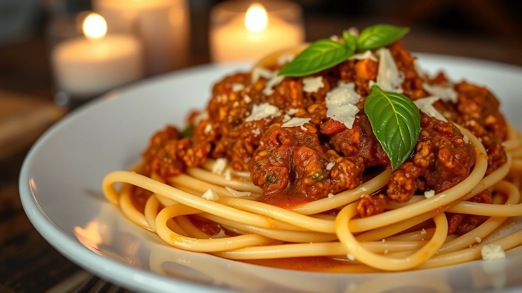 Close-up of handmade fresh pasta with rich Bolognese sauce, garnished with basil and Parmigiano-Reggiano shavings, served on white ceramic plate with soft candlelit ambiance, shallow depth of field emphasizing sauce texture and pasta quality