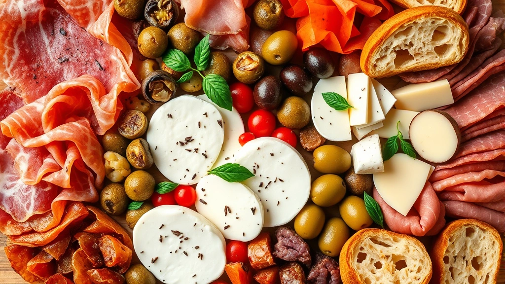 Vibrant overhead shot of Italian antipasti board featuring prosciutto di Parma, fresh mozzarella, aged Parmigiano, marinated vegetables, olives, and cured meats arranged artfully with crusty focaccia slices, natural lighting highlighting colors and textures