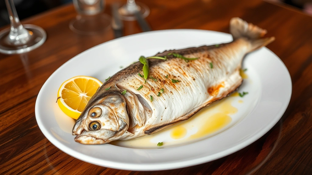 Whole roasted branzino with crispy skin, served with roasted lemon halves, fresh herbs, and drizzle of quality olive oil on white plate, steam rising, coastal Italian restaurant ambiance, professional culinary plating, shallow focus on fish quality and preparation