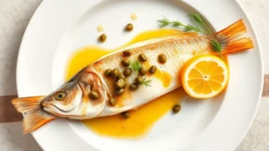 Overhead shot of a pristine Dover sole fillet with brown butter, capers, and lemon wedges on a white ceramic plate, fresh herbs garnishing the side, professional seafood restaurant plating, warm natural lighting
