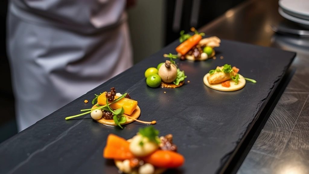 Close-up of a multi-course fine dining tasting menu progression: five different small dishes artfully arranged on a long slate plate, featuring seasonal ingredients, precise plating, restaurant kitchen aesthetic, elegant presentation