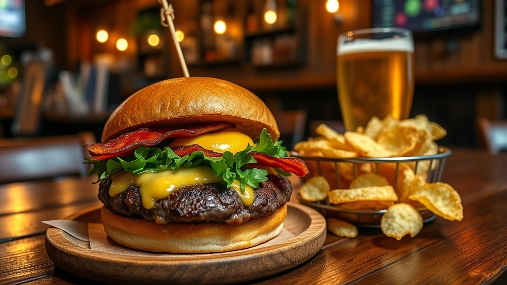 Rustic gastropub scene: wooden table with a gourmet burger featuring thick beef patty, melted cheese, crispy bacon, fresh greens, house-made condiments, alongside a glass of local craft beer and hand-cut chips, warm ambient lighting, cozy atmosphere