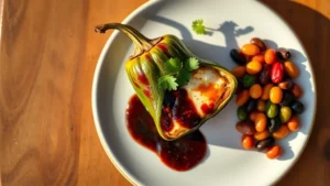 Overhead shot of artfully plated Southwestern cuisine featuring roasted poblano pepper stuffed with cheese, dark mole sauce drizzle, fresh cilantro garnish, and colorful heirloom beans on white ceramic plate, warm desert sunlight