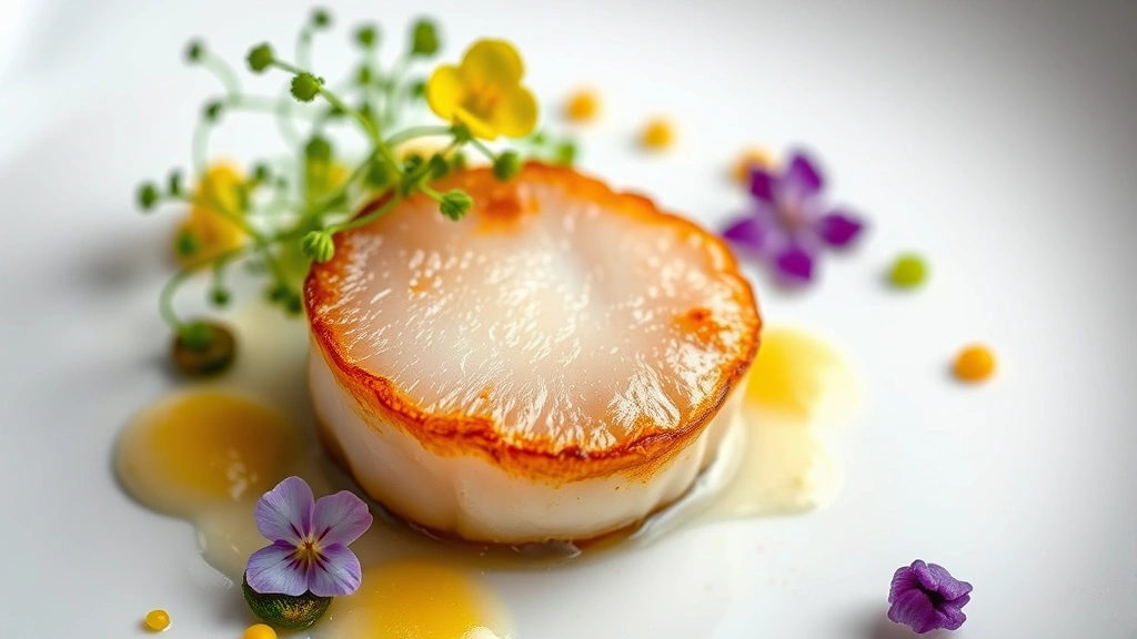 Close-up of seared scallop with crispy exterior and translucent center, accompanied by microgreens, citrus foam, and edible flowers on modern white plate, professional fine dining presentation