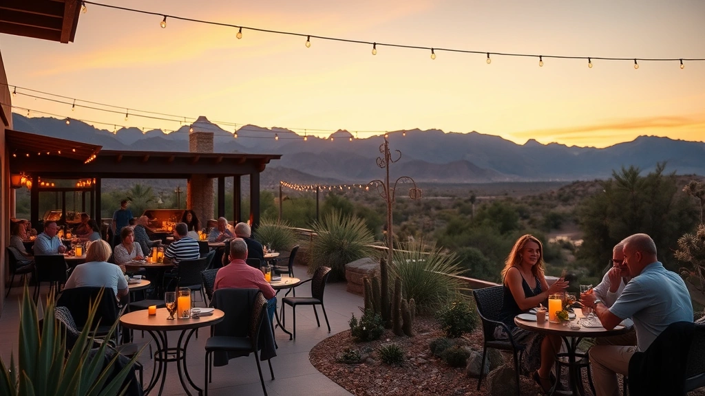 Outdoor patio dining scene at sunset with mountain views, flickering candles on tables, desert landscaping with native plants, customers enjoying meals under string lights, warm golden hour lighting