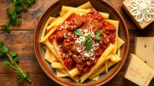 Overhead view of handmade pici pasta with wild boar ragù sauce, garnished with fresh herbs and grated Pecorino Romano cheese, rustic wooden table background with warm lighting