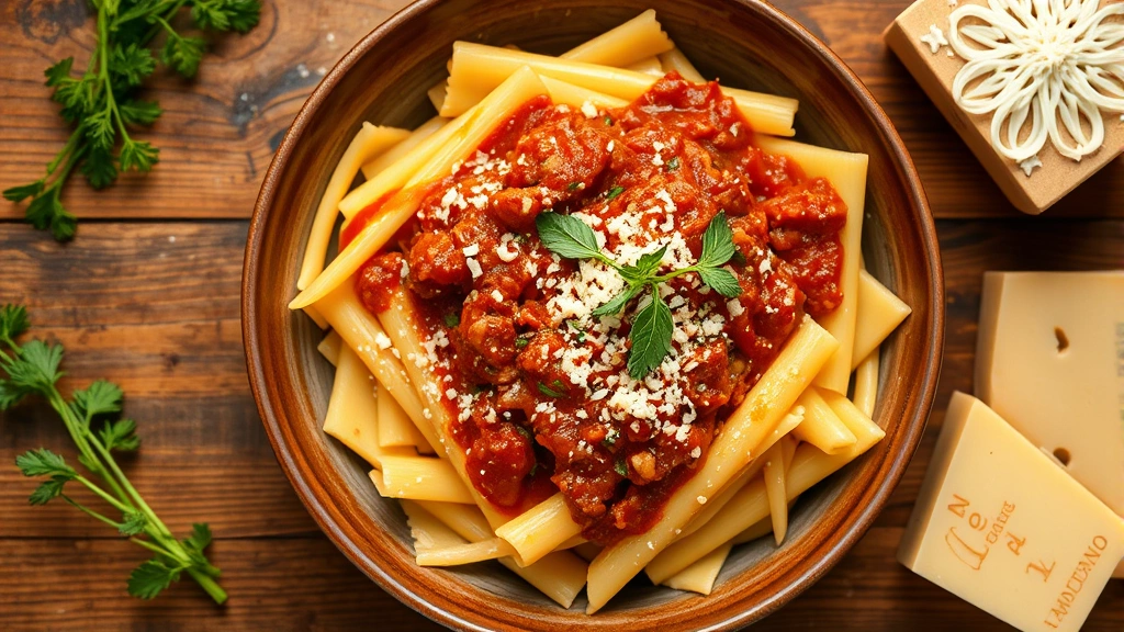 Overhead view of handmade pici pasta with wild boar ragù sauce, garnished with fresh herbs and grated Pecorino Romano cheese, rustic wooden table background with warm lighting
