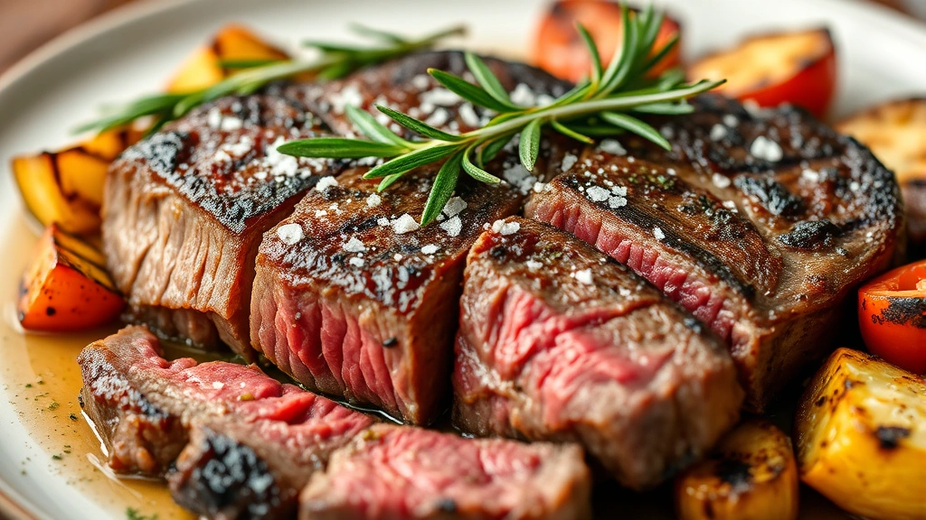 Close-up of sliced bistecca alla fiorentina steak cooked medium-rare, topped with fleur de sel and fresh rosemary sprigs, accompanied by grilled vegetables on ceramic plate