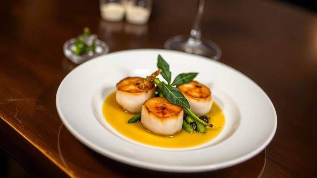 Elegantly plated Tuscan tasting menu course featuring pan-seared scallops with brown butter, crispy sage leaves, and delicate vegetable garnish on white porcelain, wine glass blurred in background