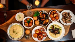 Overhead view of traditional Venetian cicchetti spread on wooden serving board with multiple small plates containing creamed salt cod, crispy risotto balls, grilled octopus, and seafood preparations, fresh herbs garnish, candlelit osteria background