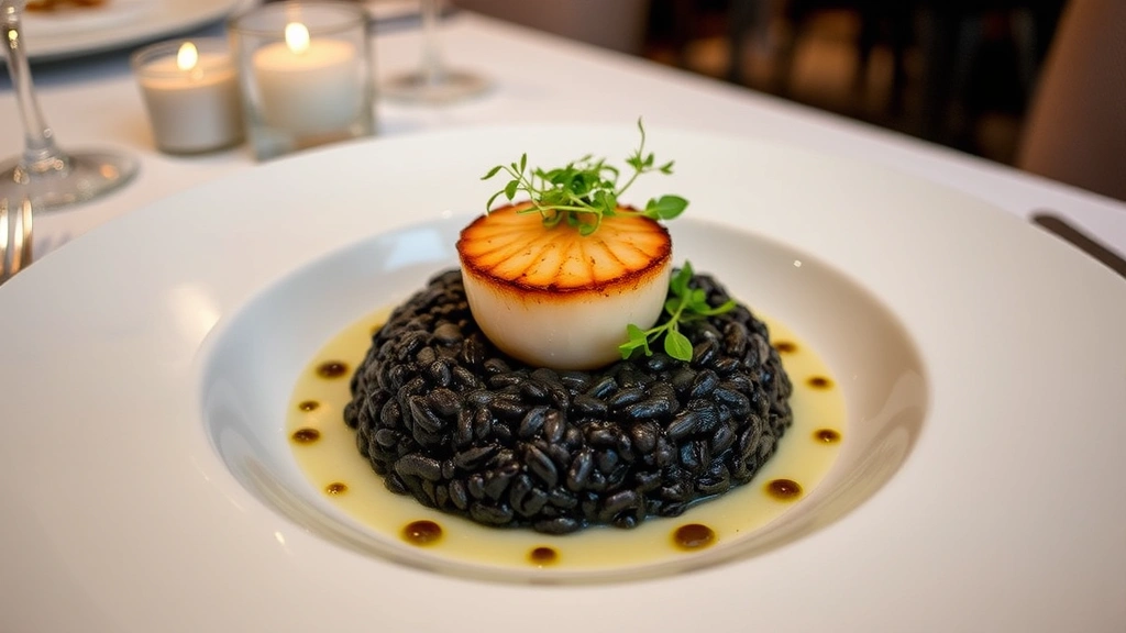 Plated Venetian risotto nero di seppia with black cuttlefish ink, topped with fresh scallop, delicate seafood garnish, and microgreens, served on white ceramic plate in fine dining restaurant setting with soft golden lighting