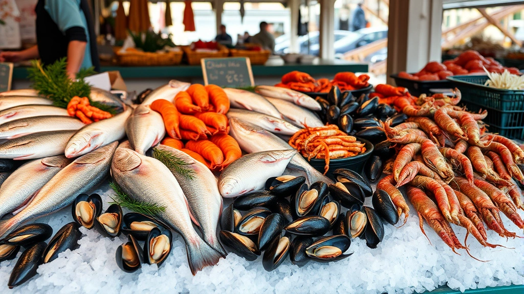 Fresh Adriatic seafood display at Rialto Market including whole fresh fish, live crustaceans, clams, mussels, and langoustines arranged on crushed ice, morning natural light, authentic market atmosphere