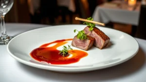 Artfully plated fine dining dish featuring seared duck breast with cherry gastrique, microgreens, and elegant sauce presentation on white porcelain plate, professional restaurant setting with soft lighting, photorealistic food photography