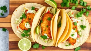 Golden-fried mahi-mahi fish tacos with fresh cabbage slaw, pico de gallo, and lime crema in soft corn tortillas, overhead flat lay on wooden board with key limes and cilantro garnish
