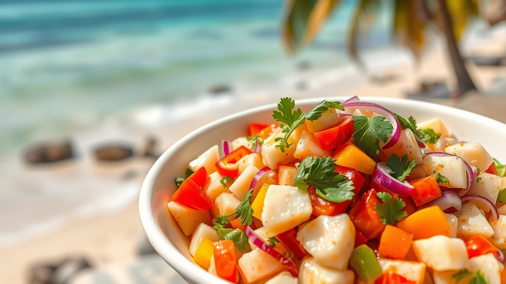 Fresh conch salad in white bowl with diced conch, colorful bell peppers, red onions, cilantro in lime vinaigrette, served beachside with tropical ocean backdrop, morning sunlight