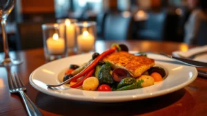 Elegantly plated fine dining dish with Arkansas-sourced ingredients, warm restaurant lighting reflecting off polished silverware, seasonal vegetables and protein artfully arranged on white porcelain plate