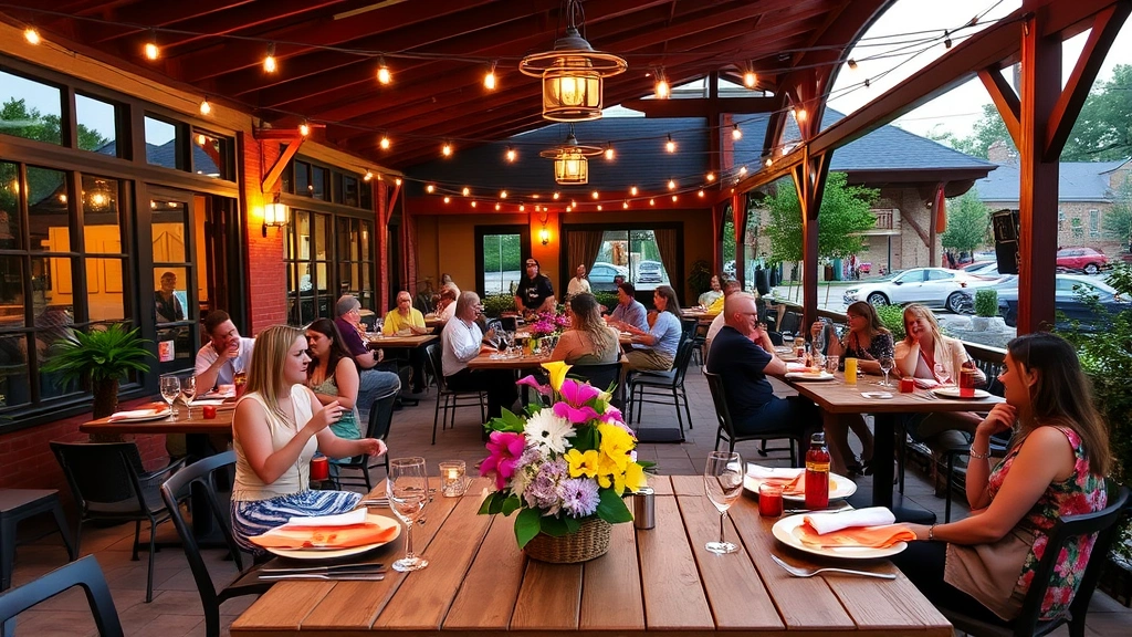 Outdoor patio dining scene at casual Little Rock restaurant with string lights overhead, wooden tables set with colorful place settings, fresh flowers in center, diners enjoying meals in relaxed atmosphere