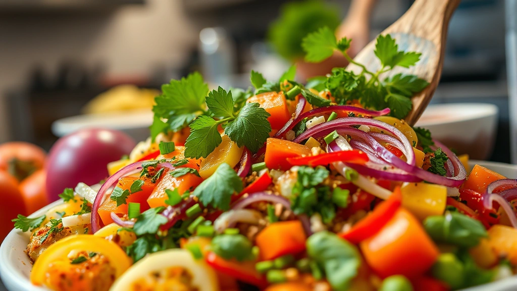 Close-up of vibrant international cuisine preparation showing fresh herbs, aromatic spices, and colorful ingredients being combined, professional kitchen setting with warm natural lighting highlighting food textures and colors