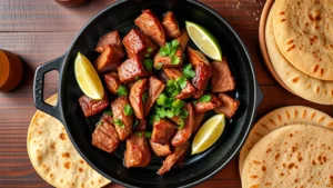 Overhead shot of sizzling carne asada on a hot cast iron plate with lime wedges, fresh cilantro, and warm flour tortillas, steam rising, vibrant colors, authentic Mexican restaurant setting, professional food photography