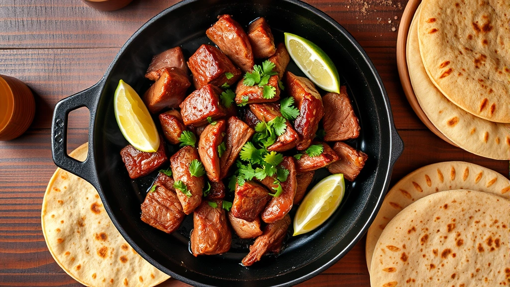 Overhead shot of sizzling carne asada on a hot cast iron plate with lime wedges, fresh cilantro, and warm flour tortillas, steam rising, vibrant colors, authentic Mexican restaurant setting, professional food photography