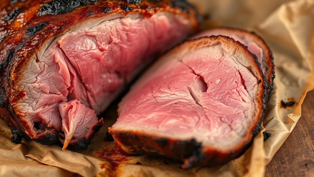 Close-up of perfectly smoked brisket with dark pink smoke ring, sliced to show juicy interior, placed on butcher paper with charred edges, Texas barbecue style, warm lighting highlighting the caramelized crust