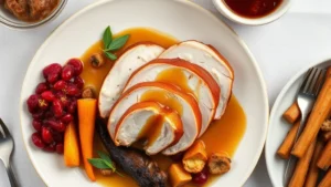 Overhead shot of a complete Thanksgiving dinner plate with perfectly roasted heritage turkey breast, sage dressing, cranberry sauce, roasted root vegetables, and gravy pooling artfully on white ceramic dinnerware, garnished with fresh sage leaves and orange zest