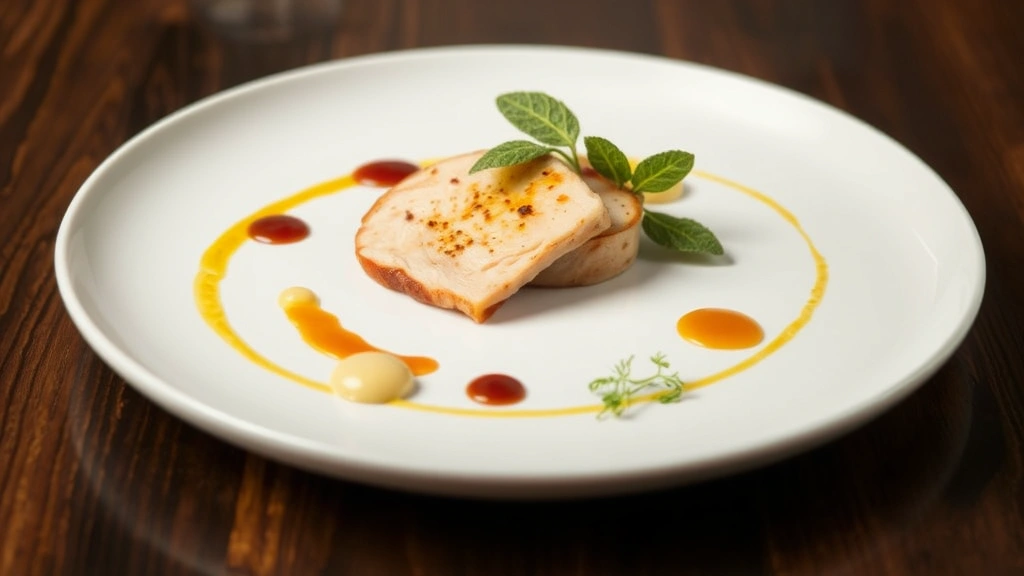 Fine dining presentation of deconstructed Thanksgiving flavors: sous-vide turkey medallion with truffle reduction, celery root purée piped decoratively, crispy sage leaf garnish, and microgreens on modern white plate with artistic sauce smears