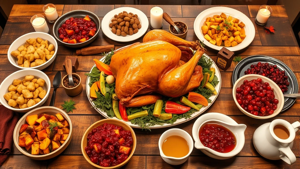 Family-style Thanksgiving feast with multiple steaming platters and bowls arranged on rustic wooden table: whole roasted turkey centerpiece, bowls of buttered vegetables, sage dressing, cranberry relish, gravy boats, and autumn table decor with candlelight