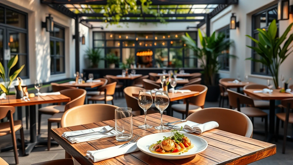 Elegant outdoor restaurant patio with wooden tables, linen napkins, and fresh herb garnishes on gourmet plates illuminated by natural sunlight, modern minimalist design with potted plants and ambient lighting