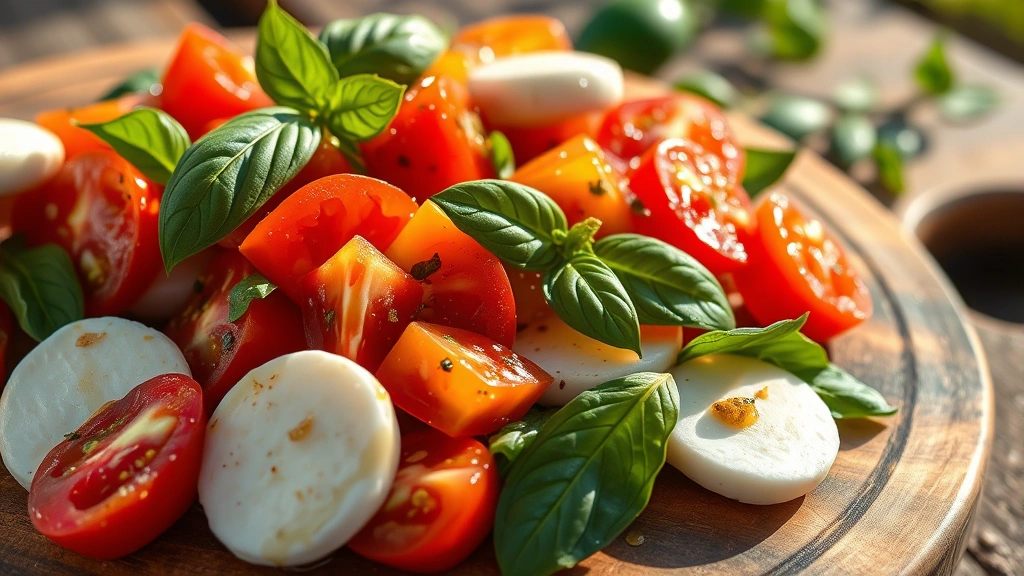 Close-up of vibrant seasonal salad with heirloom tomatoes, fresh mozzarella, basil leaves, and olive oil drizzle glistening under warm natural outdoor light, rustic wooden serving board